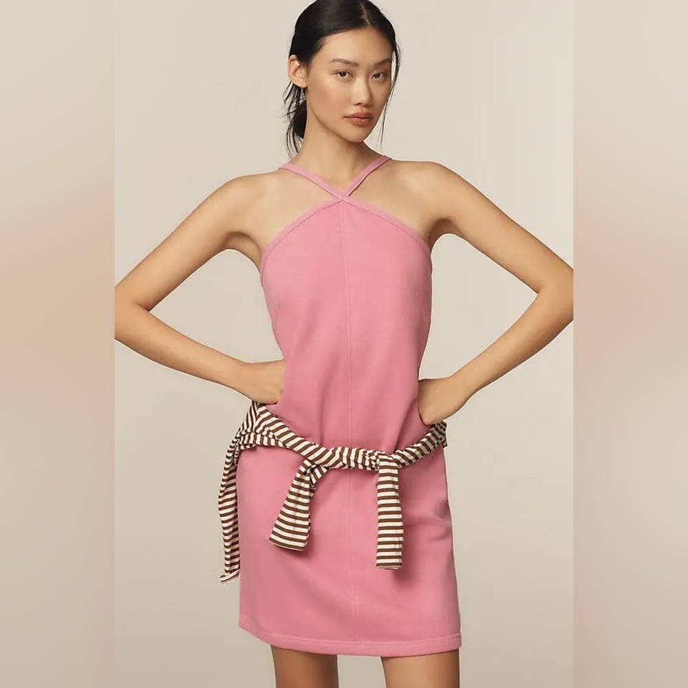Anthropologie Pink Halter Mini Dress with Striped Waist Tie